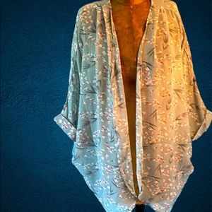PaleGreen with Spring Blossoms Cover-up / Kimono lightweight sheer L